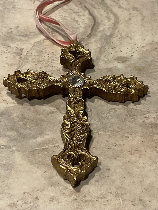 None Other - Ornate Cross Ornament Lightweight Gold 5” on velvet ribbon